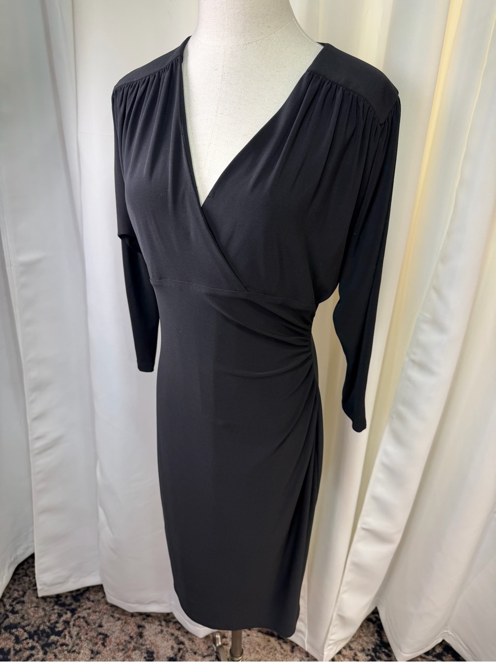 Lauren Ralph Lauren Elegant Black Faux Wrap Stretchy Knit Sheath Dress Size 8 - Picture 13 of 13
